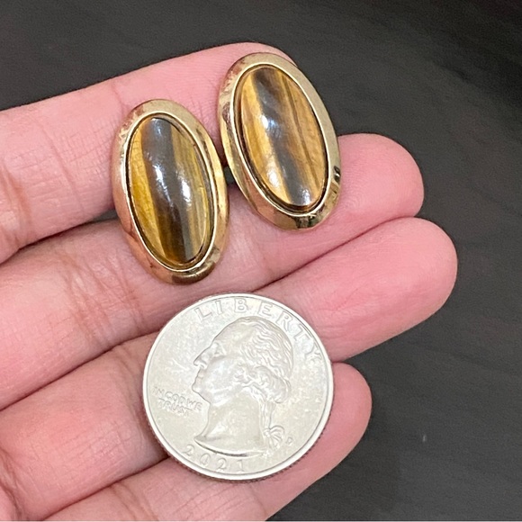 Vintage Unsigned Gold-tone Tiger’s Eye Oval Cufflinks - Picture 4 of 10